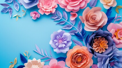 Background of paper flowers, greeting card design. International Women's Day, Mother's Day Postcard. Banner with copy space. 