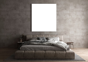 The modern bedroom idea design aand empty canvas frame on brown concrete wall background . 3d rendering. 