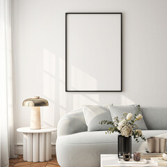 Frame mockup, ISO A paper size. Living room wall poster mockup. Interior mockup with house background. Modern interior design. 3D render
- 762230940