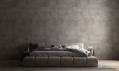 The modern bedroom idea design and empty concrete wall background. 3d rendering. 