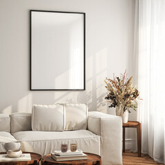 Frame mockup, ISO A paper size. Living room wall poster mockup. Interior mockup with house background. Modern interior design. 3D render
- 762230979