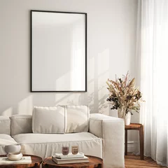 Gordijnen Frame mockup, ISO A paper size. Living room wall poster mockup. Interior mockup with house background. Modern interior design. 3D render  © mtlapcevic