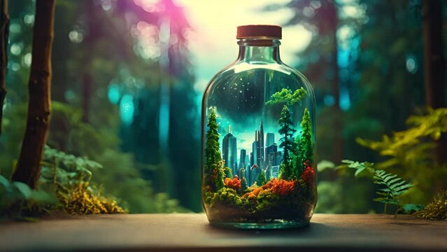 瓶の中の都市と森の背景,Generative AI 