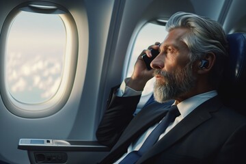 A man in formal wear, including a suit and tie, is sitting on an aircraft talking on a cell phone. He gestures while discussing an event with his aerospace manufacturer