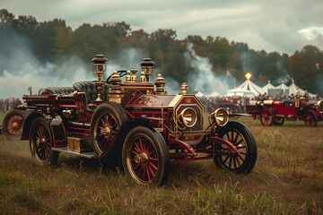 Fototapeta na wymiar Vintage fire engine on exhibit in an open field for International Firefighters Day