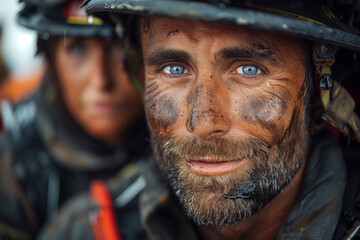 A close-up view of a man wearing a firemans helmet, honoring heroes on International Firefighters day