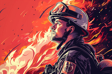 A man in a firemans helmet stands bravely in front of a raging fire, International Firefighters Day - obrazy, fototapety, plakaty