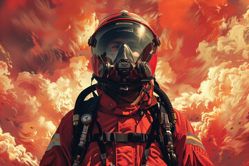 Man dressed in red space suit stands in front of vivid red sky, International Firefighters day - obrazy, fototapety, plakaty