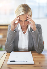 Lawyer, woman and headache at office desk with paperwork, stress and tired of case investigation....