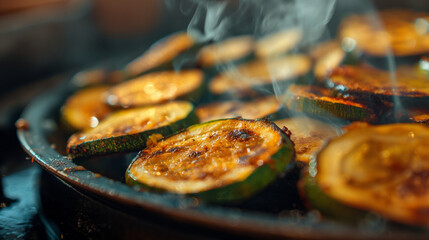 A portion of roasted zucchini slices making their way onto a plate, their charred edges highlighted by the cafeteria's lighting, with copy space