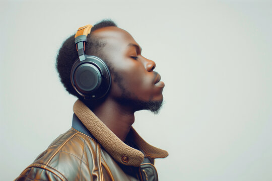 Side view portrait of young Black man wearing headphones and listening to music with eyes closed on light  background generated AI image copy space 