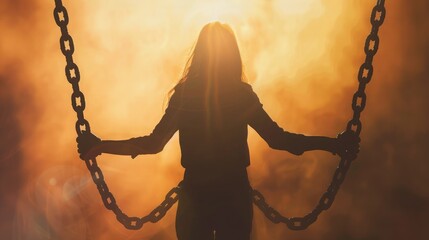 A woman's silhouette with chains around her wrists, symbolizing the captivity and oppression faced by victims. - obrazy, fototapety, plakaty