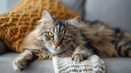 Adorable maine coon cat lying on sofa, ai