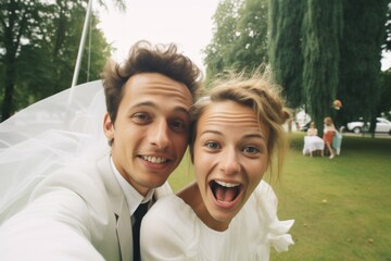 Happy bride and groom taking selfie - 762232195
