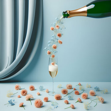 An elegant champagne bottle emitting a burst of flowers symbolizing celebration and luxury. Minimal concept of party and celebratiion. Copy space, PAstel color palette. New Year and Christmass pattern