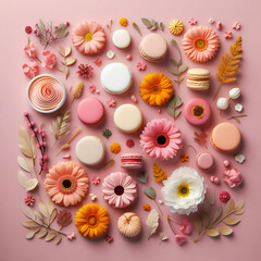 A vibrant flat lay of assorted macarons and spring flowers arranged neatly on a soft pink background, conveying sweetness and joy. Minimal food concept. Flat lay. 