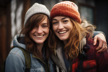 Two female friends laughing together in their winter hats and jackets - 762232312