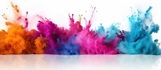 A vibrant row of powder explosions in shades of Violet, Pink, Magenta, and Electric blue on a white...