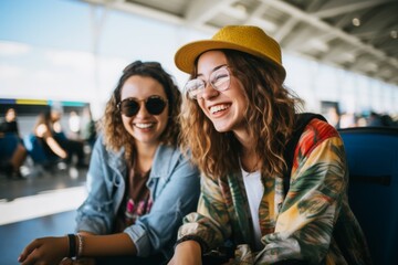 two smiling friends sitting in airport terminal - obrazy, fototapety, plakaty