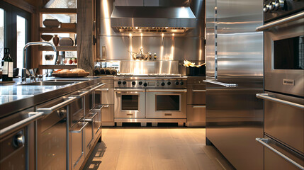 Kitchen furniture interior ,minimalist kitchen with sleek stainless steel appliances and granite countertops

