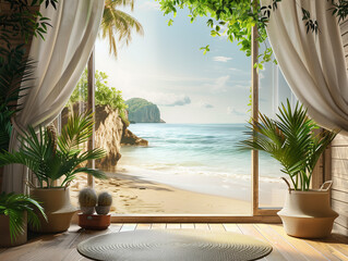 beach resort with palm, view from the window, ai