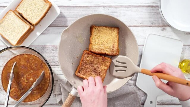 Step by step. Frying french toast in a nonstick frying pan.