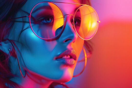 Close up fashion portrait of beautiful young woman wearing big sunglasses looking away in colorful neon light generated AI image copy space 