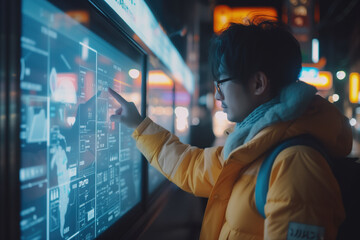 Side view portrait of Asian man using interactive digital screen in futuristic city streets with blue light generated AI image