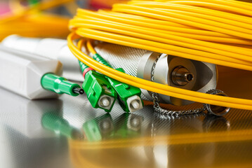 Equipment for measuring and testing of fiber optic connections in IT network, close-up view