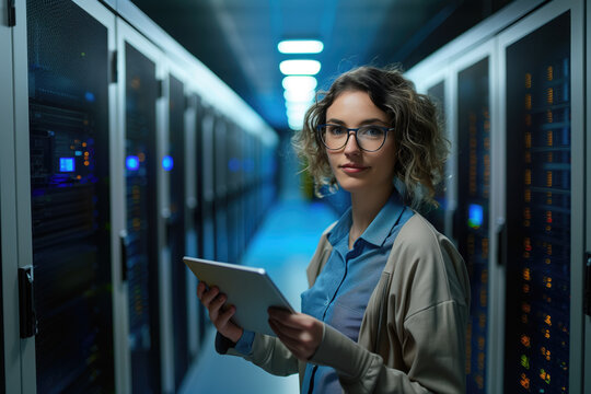 Waist up portrait of young woman holding digital tablet while standing in futuristic server room and looking at camera copy space 