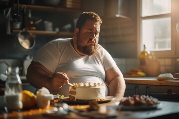 A man is seated at a table, enjoying a slice of cake. The room is sunny with a large window. He is using tableware to taste the delicious dessert - obrazy, fototapety, plakaty