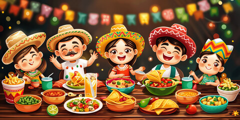 illustration of a Mexican family at a table with traditional dishes celebrating Cinco de Mayo, banner