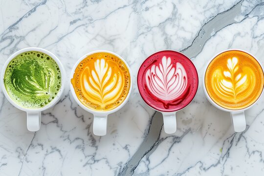 different latte pattern like matcha latte, turmeric latte, beetroot latte, regular latte, top view