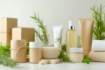 Obraz na płótnie Canvas Set of natural cosmetic products in biodegradable packaging, made from eco-friendly ingredients. Light and fresh, using neutral tones.