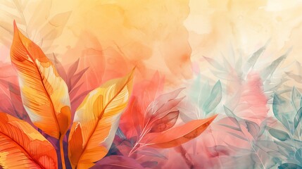 Fototapeta na wymiar Beautiful watercolor background with pastel leaves in warm colors