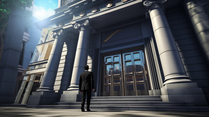 Businessman approaching modern bank entrance ai generated photo-realistic image