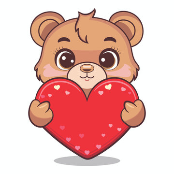 vector bear sign holding a love heart cartoon vector icon illustration. Animal Nature Icon Concept Isolated
