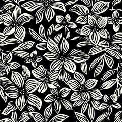 Fototapeta premium Seamless pattern with hibiscus flowers and leaves. Graphically natural print. Repeating contrast monochrome texture.