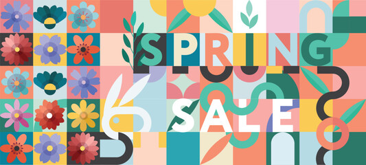Abstract geometric Spring Sale background for advertising. Icons with bunny, flowers and forms. Trendy design for banner, background, wallpaper, cover. Bauhaus style.