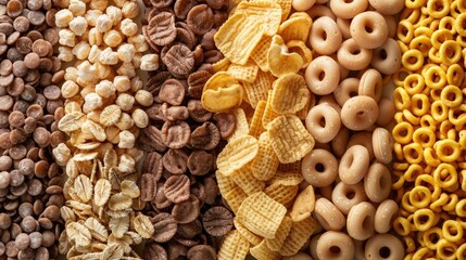 Different types of cereals, including loops, flakes, and puffs, displayed in separate piles.