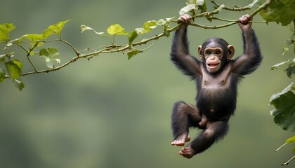 A Playful Baby Chimpanzee Swinging From Vine To VI