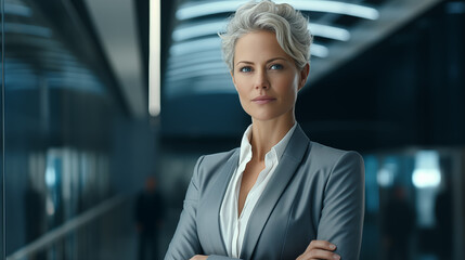 Confident silver-haired businesswoman in corporate environment ai generated portrait image - obrazy, fototapety, plakaty