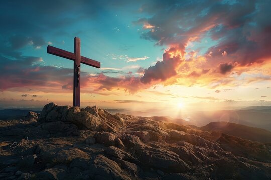 Crucifixion Of Jesus Christ At Sunrise - Three Crosses On Hill - generative ai