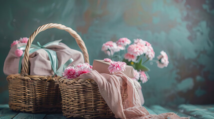 two basket full of handmade gift boxes, pink cloth and flowers against grunge pastel wall background with copy space for valentine's Day, women's Day, mother's day.