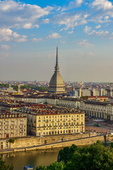 The scenic view of Turin city centre with Mole Antonelliana at sunrise, Piedmont region of Italy.