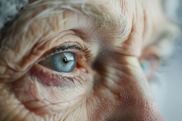 Naklejka premium Macro shot of blue eyes of senior woman with deep aged wrinkles copy space generated AI image