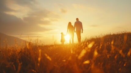 Silhouetted family holding hands in a golden field during sunset, portraying warmth and togetherness.