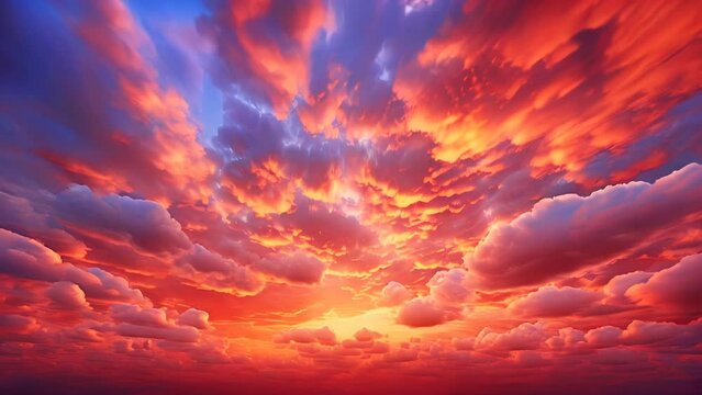 Majestic sunset sky with vibrant orange and blue cloudscape, invoking tranquility and awe. Dramatic sunset sky with fiery clouds
