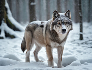 Wolf in a snow covered forest.