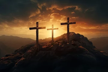 Fotobehang Crucifixion Of Jesus Christ At Sunrise - Three Crosses On Hill - generative ai © Nia™